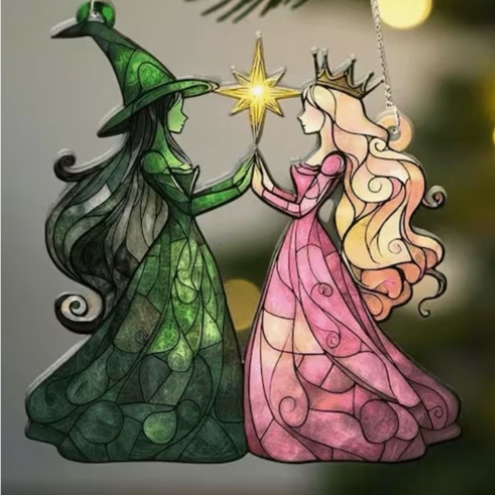 Green and Pink Stained Glass Witch and Princess Ornament